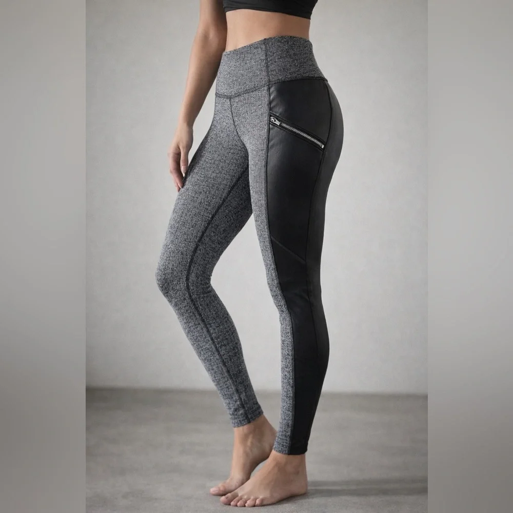 ATHLETA 🩶 Chic Gray, Black Faux Leather Panel High-Waist Leggings (Size Medium) - Picture 13 of 13